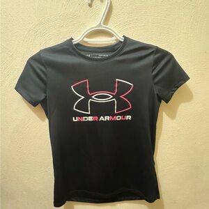Under Armour Girls HeatGear Short Sleeve Shirt Youth Medium Black Pink Logo